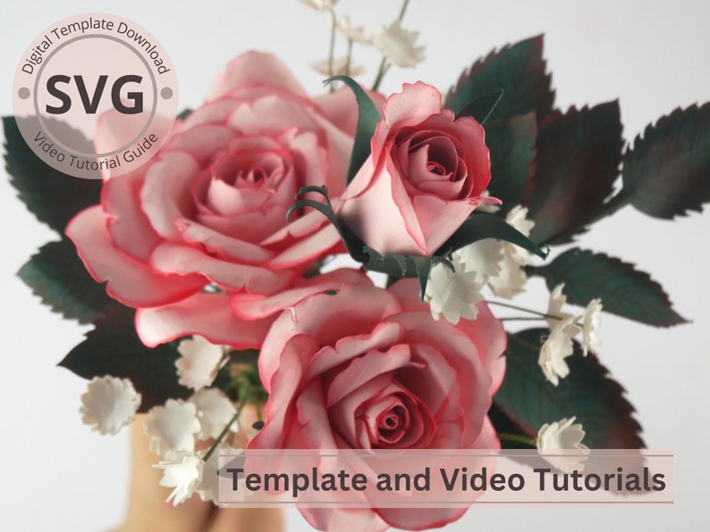 Paper Flower Rose, Rose Bud & Leaves Stem Digital Template SVG Video Tutorial DIY Paper Craft Cricut 3D Paper Bouquet Easy zdjęcie 5