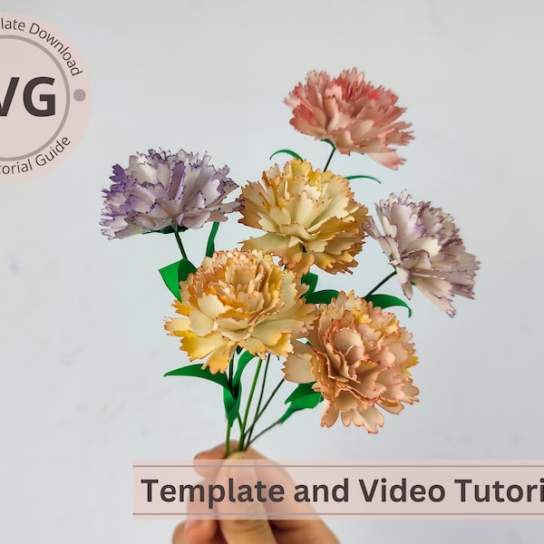 Modello garofano fiore di carta /Garofano e foglie digitali / SVG / Tutorial video / Mestiere di carta fai da te / Cricut / Bouquet di carta 3D / Facile