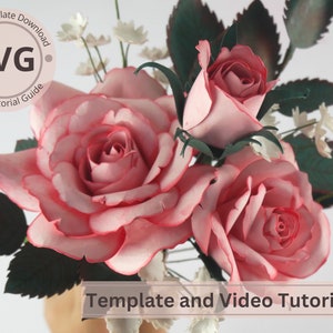 Paper Flower Rose, Rose Bud & Leaves Stem Digital Template SVG Video Tutorial DIY Paper Craft Cricut 3D Paper Bouquet Easy zdjęcie 6