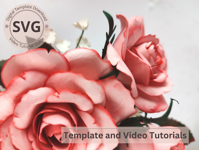 Paper Flower Rose, Rose Bud & Leaves Stem Digital Template SVG Video Tutorial DIY Paper Craft Cricut 3D Paper Bouquet Easy zdjęcie 4