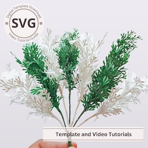 May include: Artificial greenery with white and green foliage. The image features a circular graphic with the letters "SVG" and the words "Digital Template Download" and "Video Tutorial Guide". The text "Template and Video Tutorials" is also present.