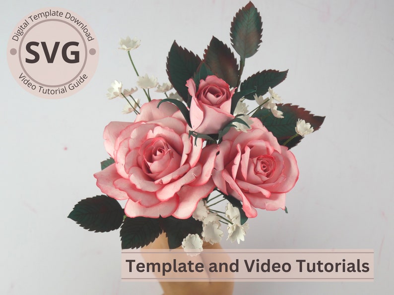 Paper Flower Rose, Rose Bud & Leaves Stem Digital Template SVG Video Tutorial DIY Paper Craft Cricut 3D Paper Bouquet Easy zdjęcie 1