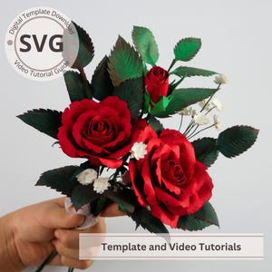 Mazzo di rose di carta per San Valentino / Modello digitale di boccioli e foglie di rosa / SVG / Tutorial video / Lavoretto di carta fai da te / Cricut / Bouquet di carta / Facile