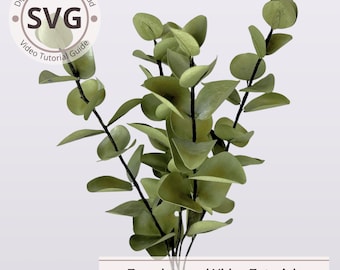 SVG-Vorlage für Eukalyptusblätter aus Papier | Schneidedatei „Silberdollar-Eukalyptus“ für Cricut | 3D-Papiergrün für Blumensträuße mit Anleitung