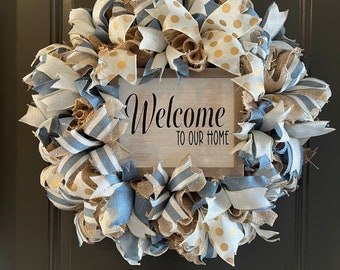 Everyday Welcome Wreath/Burlap and Denim Wreath/Farmhouse Wreath