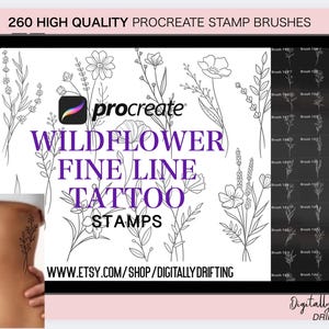 260 Procreate Stempel Brushes Fine Line Wildblumen Blumenstrauß Tattoo Outline Stencil Design Fine Art Blumen Tattoo für iPad
