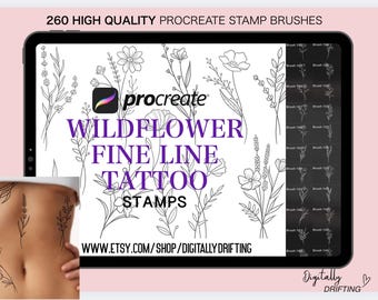 260 Procreate Stamp Brushes Fine Line Wildflower Bouquet Tattoo Outline Stencil Design Fine Art Flowers Tattoo for iPad
