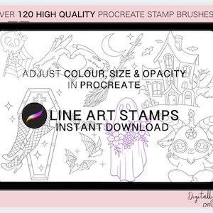 May include: A digital art product displayed on a tablet. The screen shows black and white line art stamps with Halloween themes, including a coffin, ghost, and haunted house. Text reads "OVER 120 HIGH QUALITY PROCREATE STAMP BRUSHES" and "LINE ART STAMPS INSTANT DOWNLOAD."