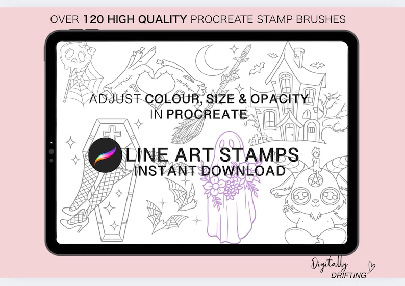 May include: A digital art product displayed on a tablet. The screen shows black and white line art stamps with Halloween themes, including a coffin, ghost, and haunted house. Text reads "OVER 120 HIGH QUALITY PROCREATE STAMP BRUSHES" and "LINE ART STAMPS INSTANT DOWNLOAD."