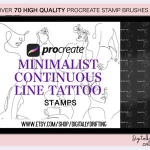 May include: A tablet screen displaying a Procreate interface with minimalist continuous line tattoo stamps. The image includes text: "Over 70 High Quality Procreate Stamp Brushes" and a shop URL. The background is a soft pink.
