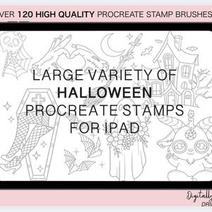 May include: A digital illustration on a tablet screen featuring Halloween-themed Procreate stamps. The image includes a variety of spooky elements such as a haunted house, bats, a coffin, and a goat-like creature. Text reads "OVER 120 HIGH QUALITY PROCREATE STAMP BRUSHES" and "LARGE VARIETY OF HALLOWEEN PROCREATE STAMPS FOR IPAD."