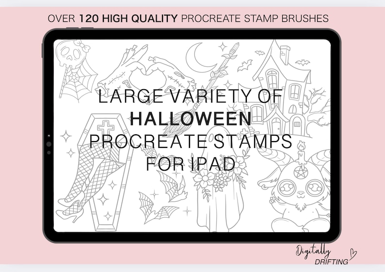 May include: A digital illustration on a tablet screen featuring Halloween-themed Procreate stamps. The image includes a variety of spooky elements such as a haunted house, bats, a coffin, and a goat-like creature. Text reads "OVER 120 HIGH QUALITY PROCREATE STAMP BRUSHES" and "LARGE VARIETY OF HALLOWEEN PROCREATE STAMPS FOR IPAD."