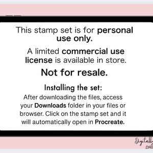May include: A black tablet displays text about a stamp set for personal use only, with a limited commercial license available. Instructions are provided for installing the set in Procreate. The background is a soft pink.