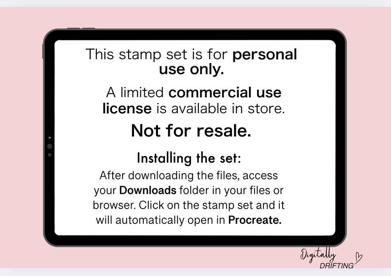 May include: A black tablet displays text about a stamp set for personal use only, with a limited commercial license available. Instructions are provided for installing the set in Procreate. The background is a soft pink.