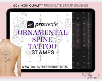 60 Procreate Stamps Ornamentala Ryggradstatueringar Fina Linjepenslar Flashtatuering Elegant Flickigt Symmetrisk Kontur Schablon Minimalistiska Designer