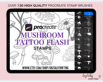 130+ Mushroom Procreate Stamps Fine Line Brushes Flash Tattoo Patchwork Outline Stencil Traditional Ornamental Design for Artists