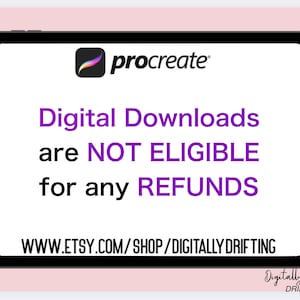 May include: A digital tablet displays a white screen with the Procreate logo and text in purple and black. The text states that digital downloads are not eligible for refunds. The Etsy shop URL is also displayed.