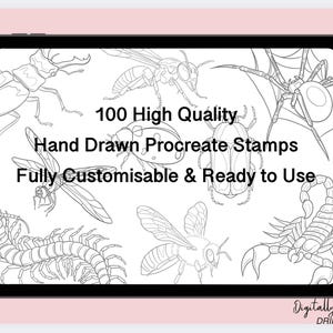 May include: A digital illustration of 100 high quality hand-drawn Procreate stamps featuring insects, including a beetle, a dragonfly, a spider, a scorpion, and a bee. The text "100 High Quality Hand Drawn Procreate Stamps Fully Customisable & Ready to Use" is displayed on the image.