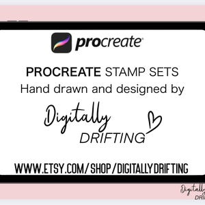 May include: A digital tablet displays a Procreate Stamp Sets advertisement. The text reads "PROCREATE STAMP SETS Hand drawn and designed by Digitally Drifting." The Etsy shop URL is also visible. The background is a soft pink.