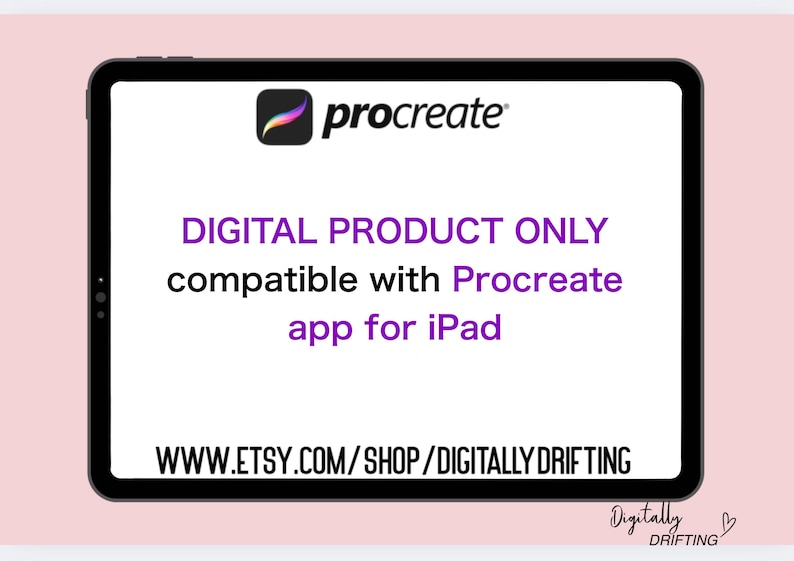 May include: A digital product displayed on a black tablet screen. The screen shows the Procreate logo and text that reads "DIGITAL PRODUCT ONLY compatible with Procreate app for iPad." The Etsy shop URL is also visible.