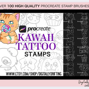 100 sellos kawaii Procreate con líneas finas, plantillas para tatuajes, patchwork y contornos, diseños ornamentales tradicionales para artistas y creadores.