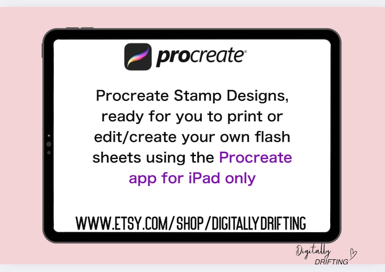 May include: A black tablet displays the Procreate logo and text: "Procreate Stamp Designs, ready for you to print or edit/create your own flash sheets using the Procreate app for iPad only."