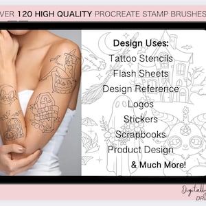 May include: A digital tablet displays tattoo designs and text. The text reads "OVER 120 HIGH QUALITY PROCREATE STAMP BRUSHES" and "Design Uses: Tattoo Stencils, Flash Sheets, Design Reference, Logos, Stickers, Scrapbooks, Product Design & Much More!"