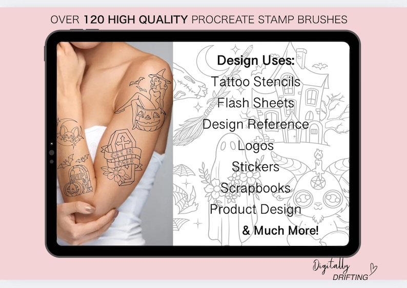 May include: A digital tablet displays tattoo designs and text. The text reads "OVER 120 HIGH QUALITY PROCREATE STAMP BRUSHES" and "Design Uses: Tattoo Stencils, Flash Sheets, Design Reference, Logos, Stickers, Scrapbooks, Product Design & Much More!"
