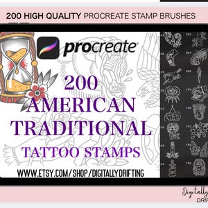 May include: A digital tablet displays a Procreate app logo and the text "200 American Traditional Tattoo Stamps." The image showcases various tattoo designs, including an hourglass, flowers, and other classic tattoo motifs. The website address is also visible.