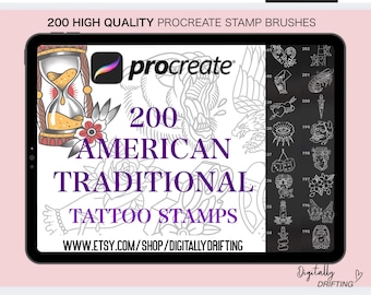 200 American Traditional Procreate Stamp Brushes Tattoo Stencil Patchwork Flash Tattoos for iPad