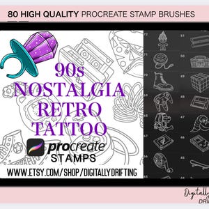 80 Retro 90s Nostalgia Procreate Stamps Digital Brushes Tattoo Patchwork Flash Art Collection Old School Tattoo Stencil Designs Girly Tatts