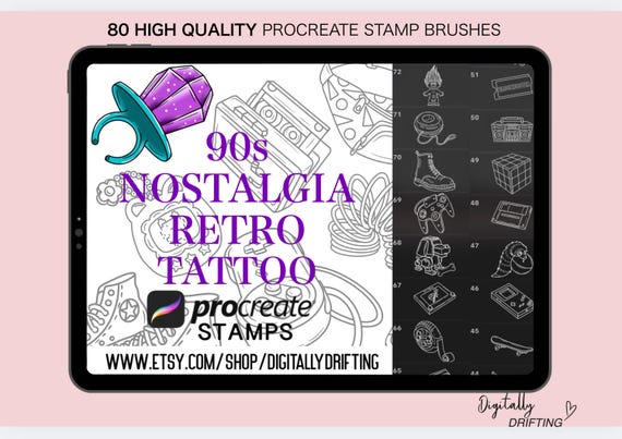 80 Retro 90s Nostalgia Procreate Stamps Digital Brushes Tattoo Patchwork Flash Art Collection Old School Tattoo Stencil Designs Girly Tatts