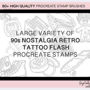 Op de afbeelding: Een digitale illustratie van meer dan 80 Procreate-stempelborstels met 90's nostalgische retro-tattoo-flash-ontwerpen. De afbeelding bevat een Tamagotchi, een cassettebandje, een trollpop, een skateboard en een paar sneakers.
