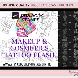 80 Procreate Stamp Brushes Trad Tattoo Style Makeup & Cosmetic Stencils Girly Tattoo Outline Traditional Flash Stamps Line Art for iPad