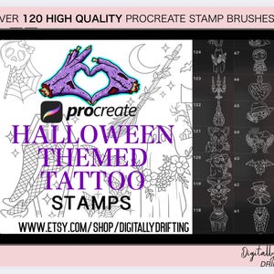 120 Halloween Themed Procreate Stamps Digital Brushes Tattoo Patchwork Flash Art Old School Tattoo Stencil Designs Girly Tatts for iPad