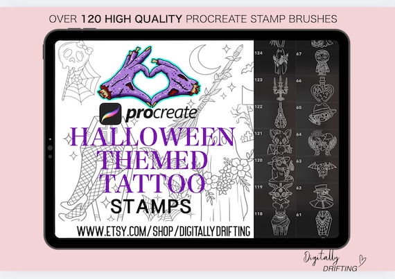 120 Halloween Themed Procreate Stamps Digital Brushes Tattoo Patchwork Flash Art Old School Tattoo Stencil Designs Girly Tatts for iPad
