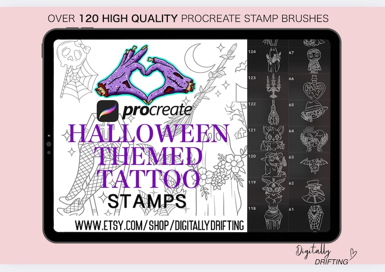 May include: A digital art product displayed on a tablet, featuring over 120 Halloween-themed tattoo stamp brushes for Procreate. The image includes a heart made of zombie hands, a witch's broom, and other spooky illustrations. Text includes "Halloween Themed Tattoo Stamps."
