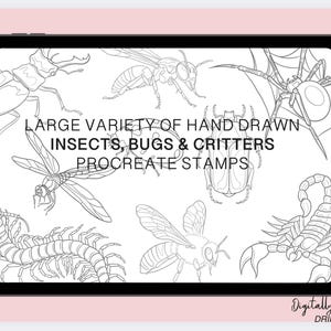 May include: A digital illustration of a variety of hand-drawn insects, bugs, and critters. The image includes a dragonfly, a beetle, a spider, a scorpion, a bee, and a centipede. The text "LARGE VARIETY OF HAND-DRAWN INSECTS, BUGS & CRITTERS PROCREATE STAMPS" is displayed in the center of the image.