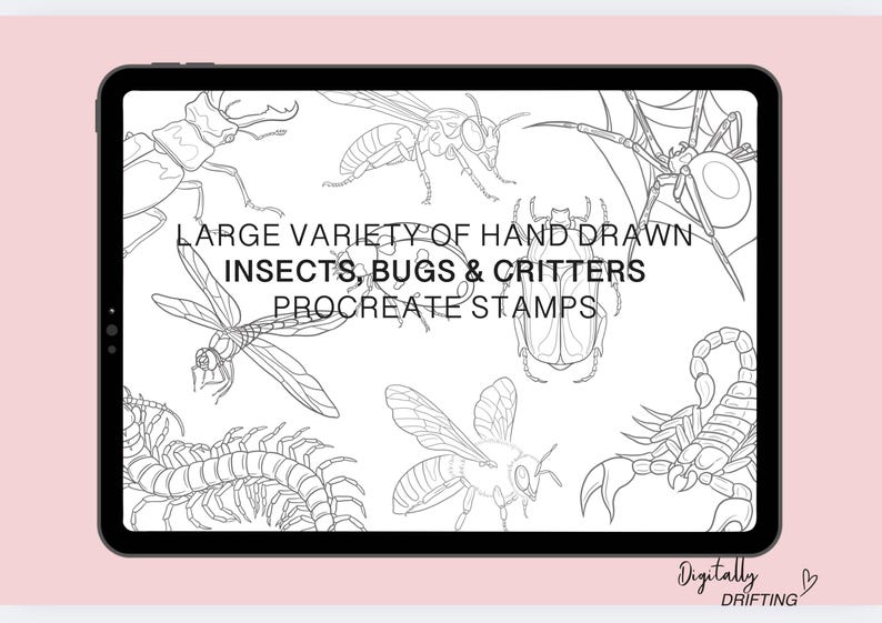 May include: A digital illustration of a variety of hand-drawn insects, bugs, and critters. The image includes a dragonfly, a beetle, a spider, a scorpion, a bee, and a centipede. The text "LARGE VARIETY OF HAND-DRAWN INSECTS, BUGS & CRITTERS PROCREATE STAMPS" is displayed in the center of the image.