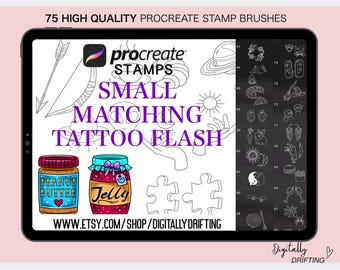 75 Matching Tattoo Procreate Stamp Brushes Cute Flash Tattoo Stamps Small Patchwork Outline Stencil Designs for couples, love and friendship