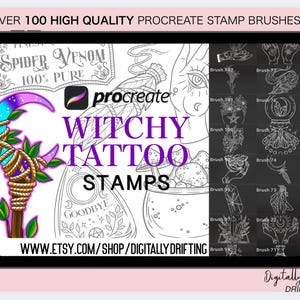 100 Procreate Witchy Stamps Girly Fine Line Brush Flash Tattoo Small Patchwork Outline Stencil Traditional Ornamental Designs na iPada