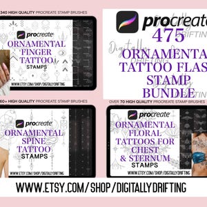 475 Procreate Tattoo Flash Ornamental Art Digital Stamp Bundle, Flowers Floral Stencil Outline for Women, Chest Sternum Spine Finger Tattoos
