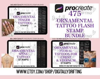 May include: Digital art stamp bundles for Procreate, featuring ornamental tattoo designs. Includes finger, spine, chest, and sternum stamps, with over 475 tattoo flash stamps. Available at Etsy shop DigitallyDrifting.