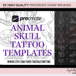 Puede incluir: Una tableta digital muestra la interfaz de la aplicación Procreate con el texto "ANIMAL SKULL TATTOO TEMPLATES". La imagen muestra varios diseños de calaveras de animales, con el texto "55 HIGH QUALITY PROCREATE STAMP BRUSHES" en la parte superior y la URL de la tienda en la parte inferior.