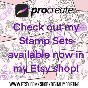 May include: An advertisement for Procreate stamp sets. The image features various black and white illustrations of tattoos, beauty products, and other designs. Text in the image reads "Check out my Stamp Sets available now in my Etsy shop!"