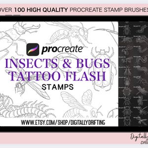 May include: A digital illustration of insects and bugs on a tablet screen. The image is a preview of over 100 high-quality Procreate stamp brushes for tattoo flash designs. The text "INSECTS & BUGS TATTOO FLASH STAMPS" is displayed on the screen. The website address "WWW.ETSY.COM/SHOP/DIGITALLY DRIFTING" is also displayed on the screen.