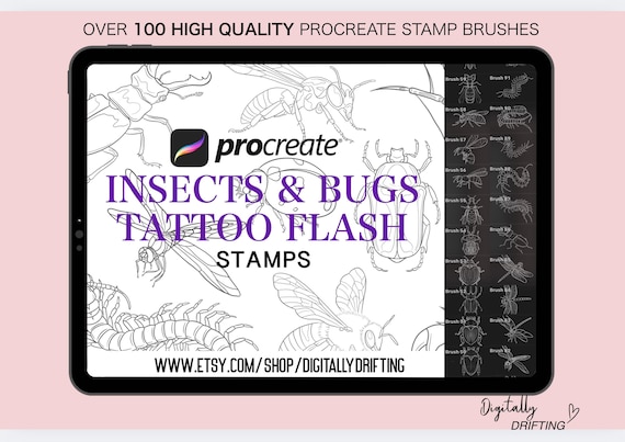 100+ Insect, Bugs & Beetle Procreate Stamp Brushes Fine Line Flash Tattoo Patchwork Outline Stencil Traditional Ornamental Design