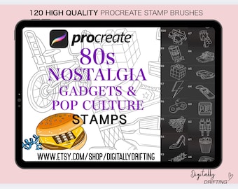 120 Retro 80s Nostalgia Procreate Stamps Digital Brushes Tattoo Patchwork Flash Art Tattoo Stencil Outline Pop Culture Flash Stamps iPad
