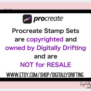May include: A digital tablet displays the Procreate logo and text: "Procreate Stamp Sets are copyrighted and owned by Digitally Drifting and are NOT for RESALE." The Etsy shop URL is also displayed.