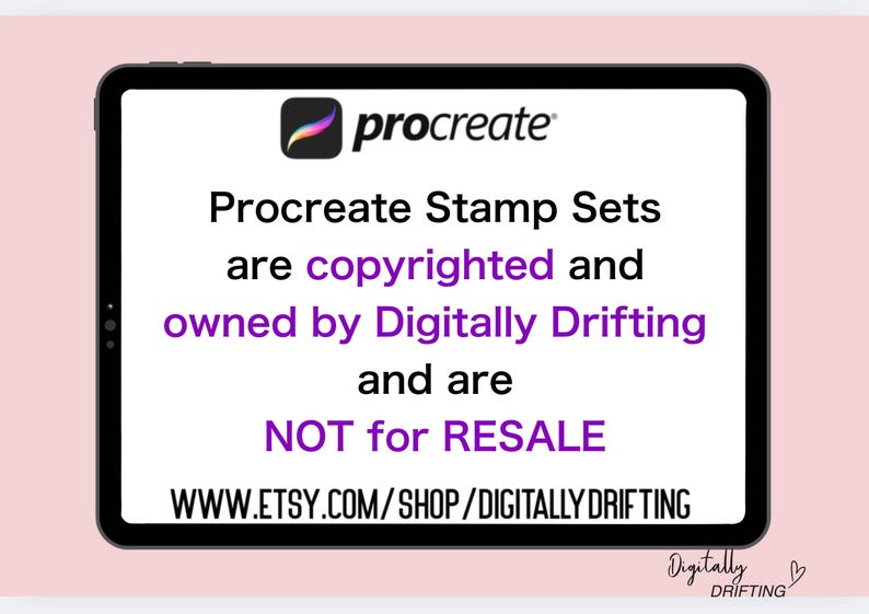 May include: A digital tablet displays the Procreate logo and text: "Procreate Stamp Sets are copyrighted and owned by Digitally Drifting and are NOT for RESALE." The Etsy shop URL is also displayed.